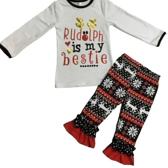 Toddler Christmas Outfit Rudolph Is My Bestie Long Sleeve Top & Ruffle Pants Set - Picture 1 of 6